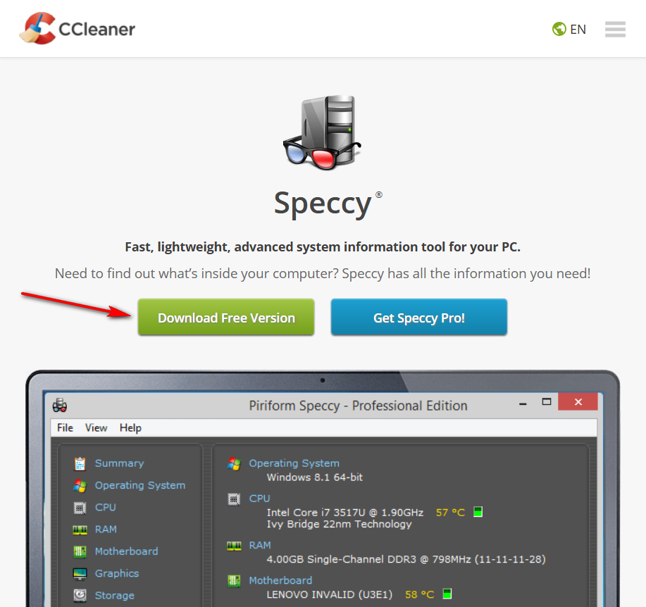 Страница программы Speccy