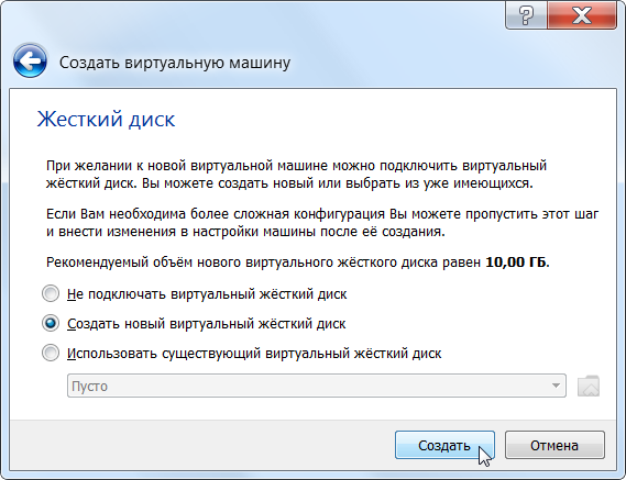 Создаём новый виртуальный жесткий диск