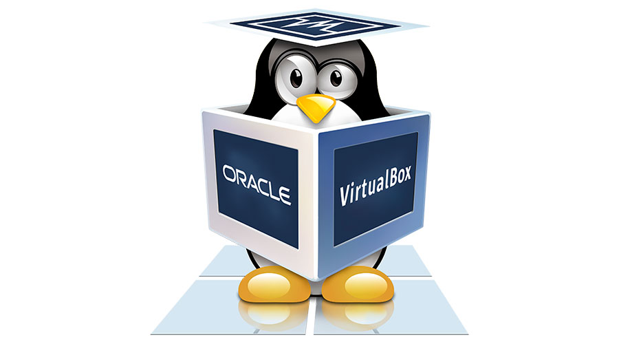 Тукс выглядывает из логотипа VirtualBox как из коробки. Рисунок автора статьи и сайта